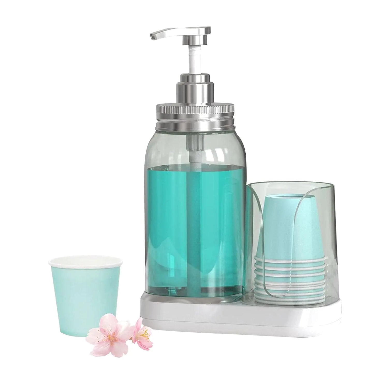 WhiteRhino 25oz Mouthwash Pump Dispenser Mouthwash Container with Cup Holder Refillable Round Bottles Mouthwash Decanter with 8 Piece 4oz Paper Cup for Bathroom Countertop Cupboard(Clear Bule)