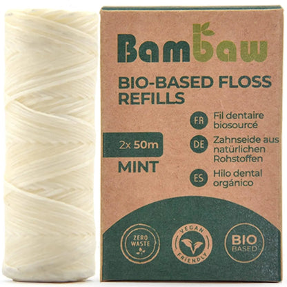 Vegan Refill Dental Floss | Refillable Tooth Floss | Candelilla Wax | Plastic Free Dental Tape | Zero Waste Floss | Eco Floss | Mint | 2 x 55 Yards | Bambaw
