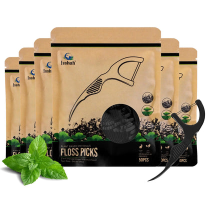 Plant Based Dental Floss Picks (300 Count) - Plant Based Vegan Eco Friendly Sustainable Dental Flossers - Twin Floss (Charcoal)