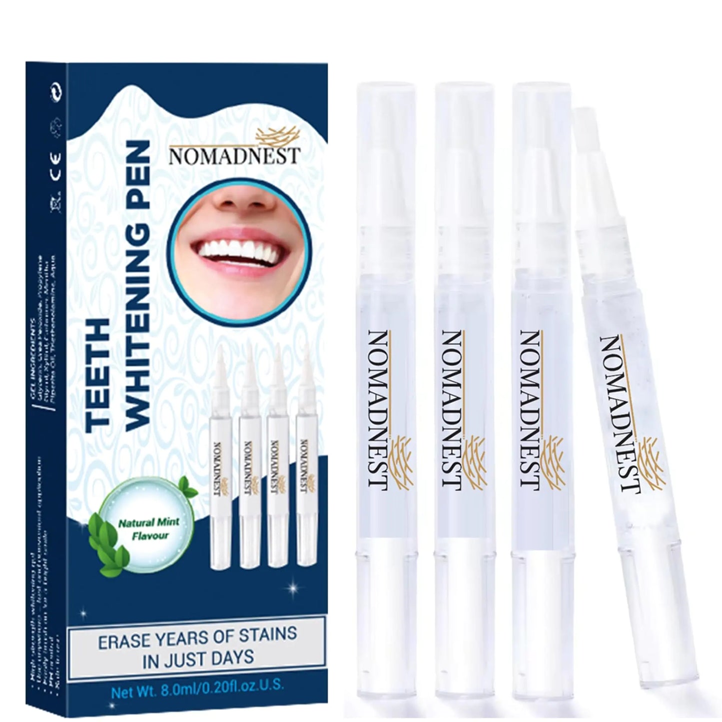 NomadNest Teeth Whitening Pen (4 Pcs) - Teeth Whitener Painless Teeth Whitening No Sensitivity Mint Flavor Travel-Friendly Teeth Whitening