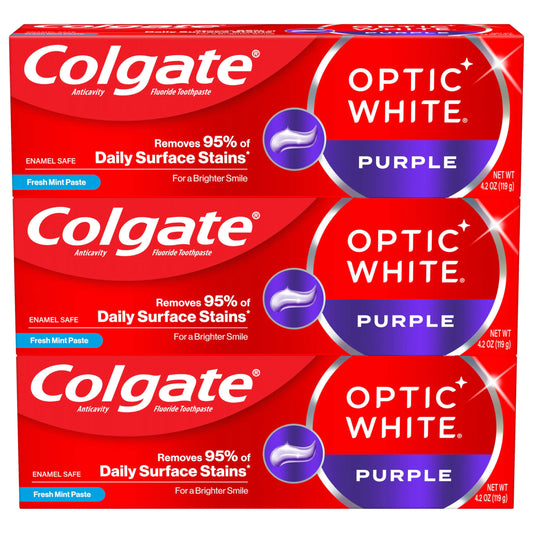 Colgate Optic White Purple Toothpaste for Teeth Whitening Teeth Whitening Toothpaste with Fluoride Helps Remove Surface Stains and Polishes Teeth Enamel-Safe for Daily Use Mint 3 Pack 4.2 oz
