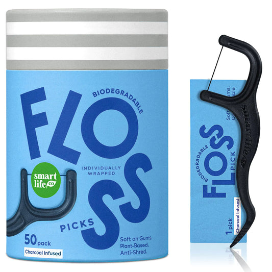 Individually Wrapped Dental Floss Picks - Biodegradable Plant Based Flosser Handle & Packaging | Natural Charcoal Teeth Whitening | Toothpick Stick Soft On Gums & Teeth | Eco Friendly & Zero Waste